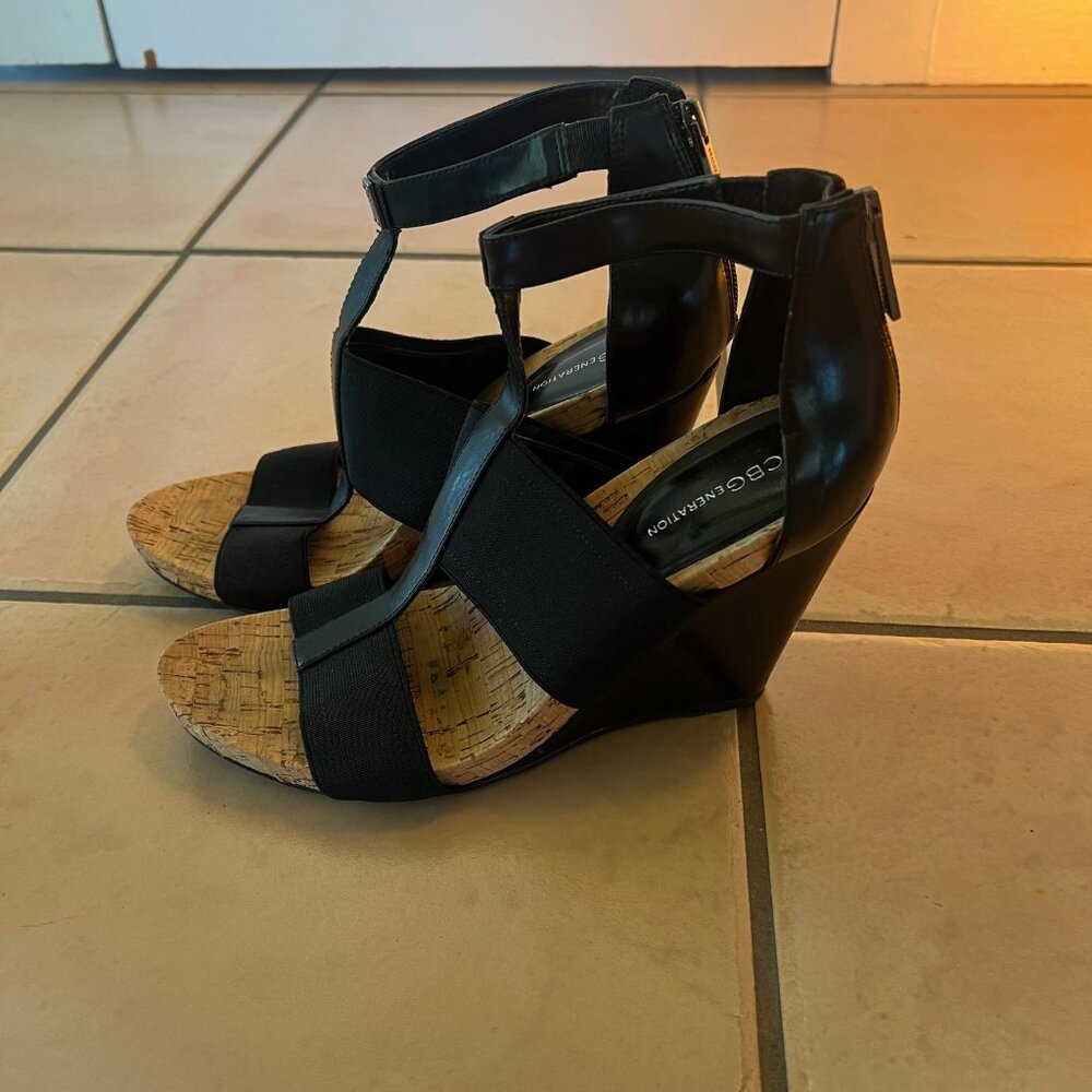 BCBGeneration Black Cork Wedge Sandals – Size 8